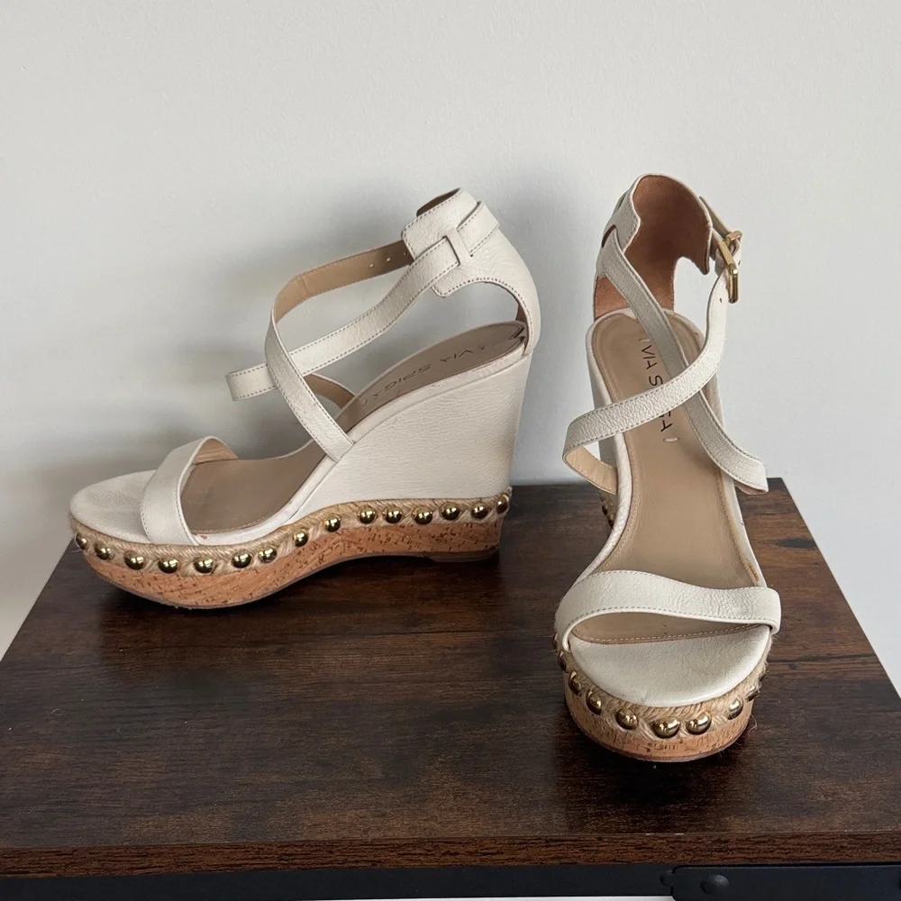 Via Spiga Multi Media White Leather Cork Platform Sandals with Gold Studs (EU39)
